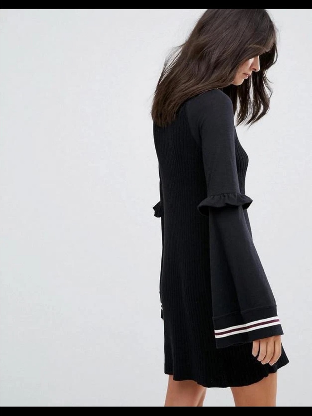 Fp Black Long Sleeve Ruffle Cuff Knit Dress with Stripe Trim
